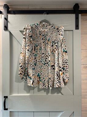 JODIFL Cream Printed Smocked Ruffle-Neck Blouse with Teal and Mustard Accents
